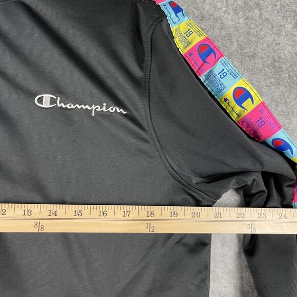 Champion Tricot Track Jacket Mens Medium Black Full Zip Colorful Logo Sporty - Picture 12 of 16